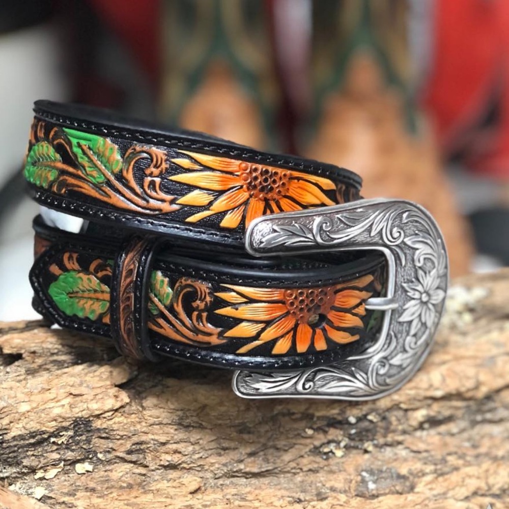 Nocona – Girls Western Sunflower Leather Tooled Belt ( Black ) Size 24